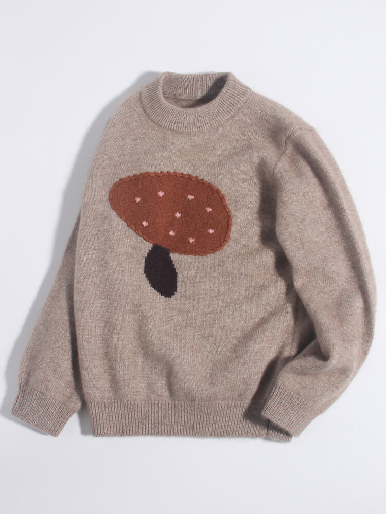Kids Cozy Brown Mushroom Knit Cashmere Pullover Sweater
